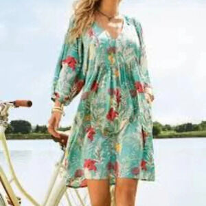 Susan Betro Mint Green Boho Floral V Neck Casual Dress Size 3X Smocked Sleeve